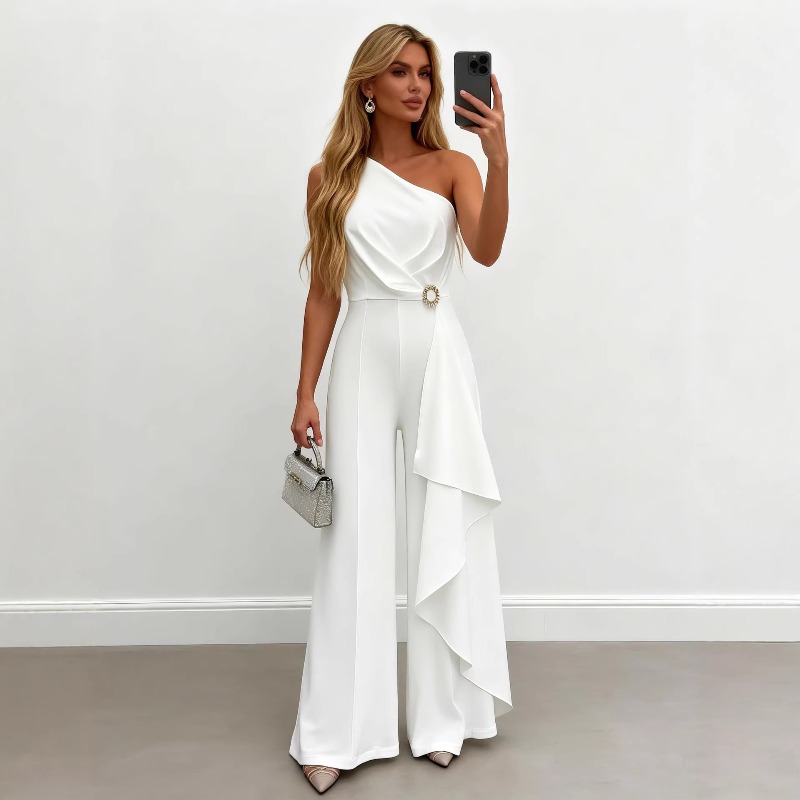 Women'S Formal Jumpsuit Evening Wear - Combinaison élégante blanche asymétrique pour femme,
