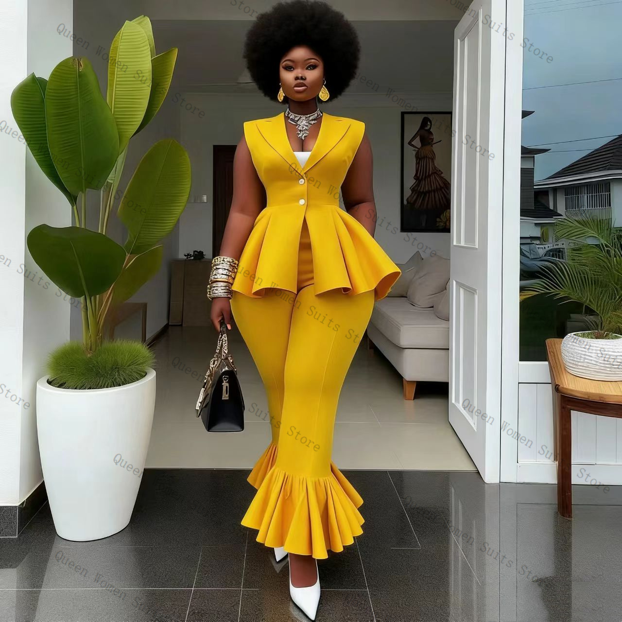 Women Formal Wear Vest - Ensemble pantalon de costume jaune pour