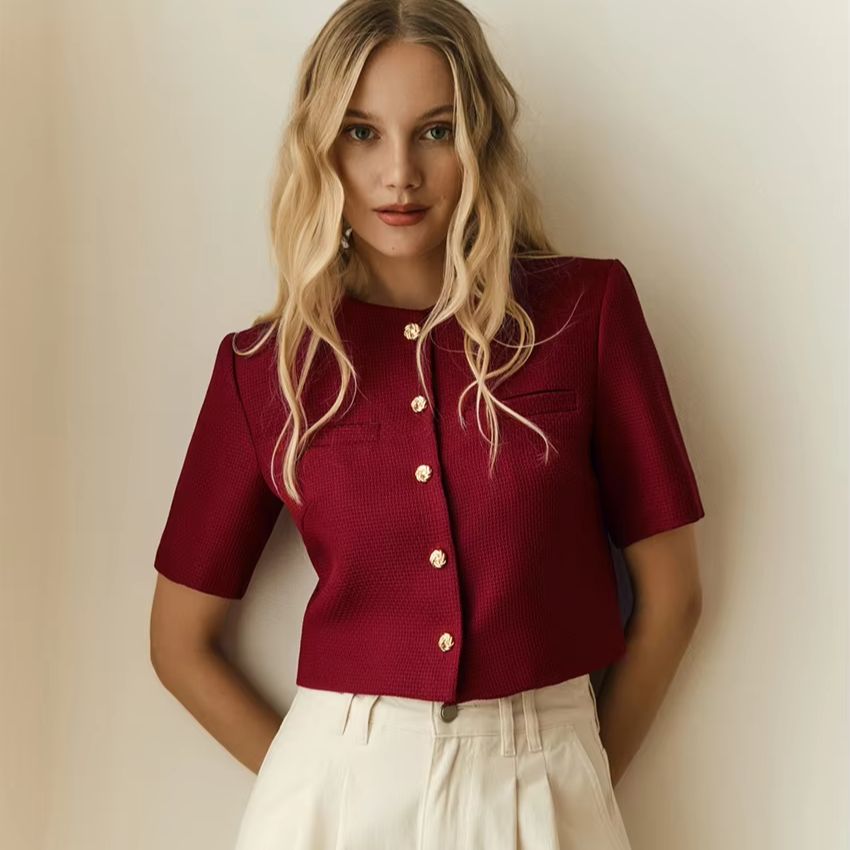 Women Formal Blouses For Evening Wear - Haut court en tweed vintage pour